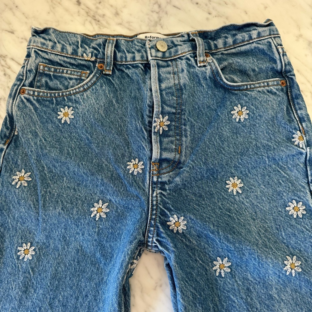 Reformation High-Rise Blue Denim Jeans with White & Yellow Daisy Embroidery